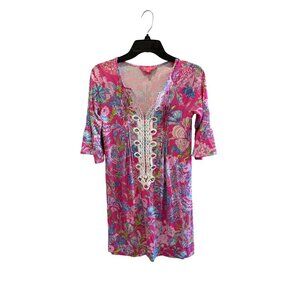 Lilly Pulitzer Pink Floral Tunic Dress Crochet Trim V-Neck & 3/4 Sleeves XXS